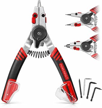 Powerbuilt Snap Ring Pliers with Combination Internal External Switch, Reversible, Remove and Install, Spring Loaded, Tips Included - Red 941336