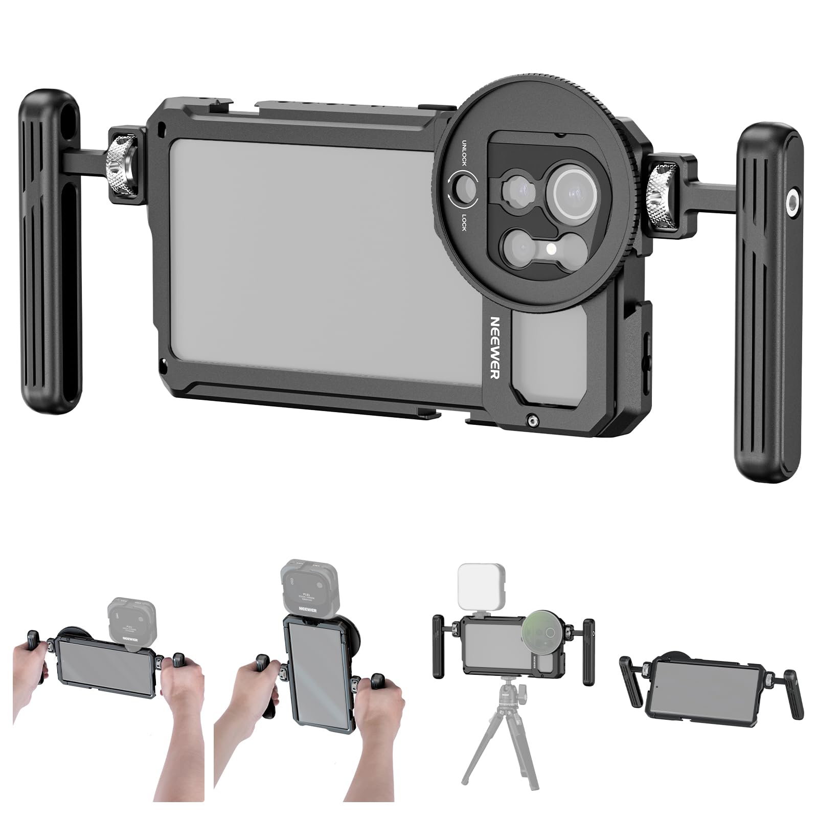 NEEWER S23 Ultra Phone Käfig Cage Video Rig Kit kompatibel mit Samsung S23 Ultra mit Zwei seitlichen Griffen, 67mm Objektivfilter Gewindeadapter, Ganzmetall Handy Stabilisator für Filmen, PA021