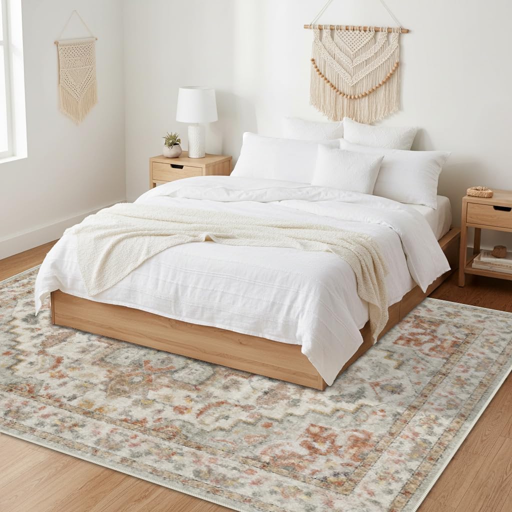 Enkor Area Soft Rugs 5x7 Washable Non Slip Boho Floor Rugs for Living Room Bedroom, Vintage Style Farmhouse Mat for Kitchen Entryway Beige & Orange