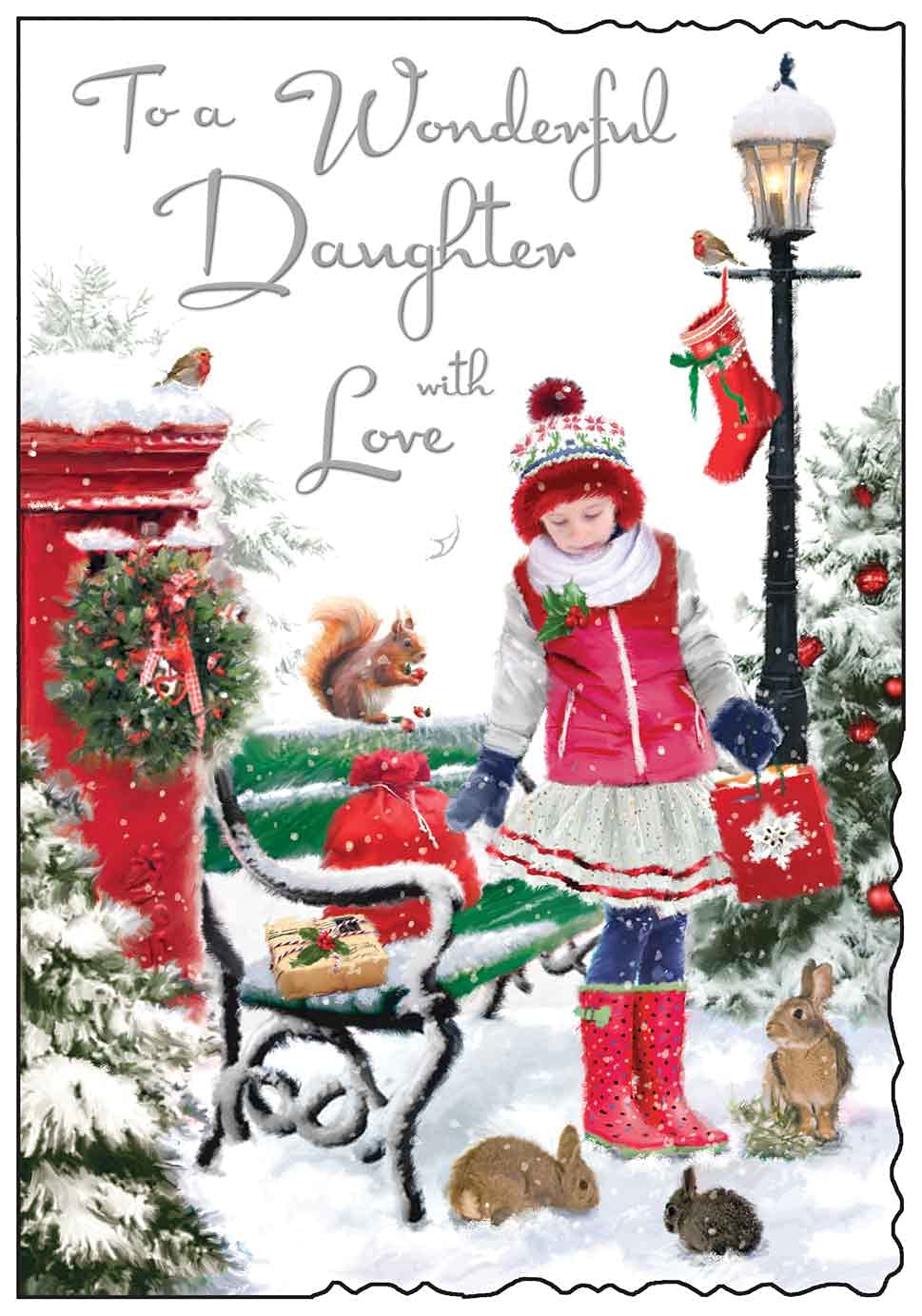 Weihnachtskarte 'To A Wonderful Daughter' – Mit Glanzfolie & Rotem Umschlag
