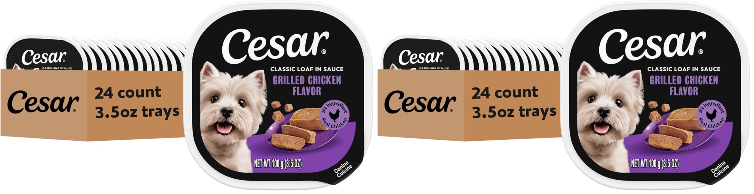 Cesar Classic Loaf in Sauce Adult Wet Dog Food Grilled Chicken Flavor, Wet Food for Dogs, 3.5 oz Easy Peel Trays, 24 Count (Pack of 2)