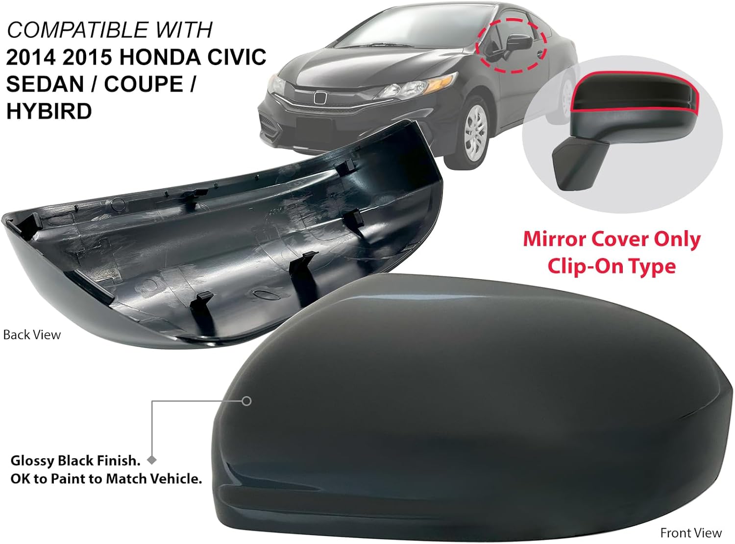 APA Replacement for Exterior Rear View Mirror Cover Upper Part Glossy Black fits 2014-2015 Civic Sedan Coupe Hybrid Driver Left Side 76251TR4A01ZH HO1326100
