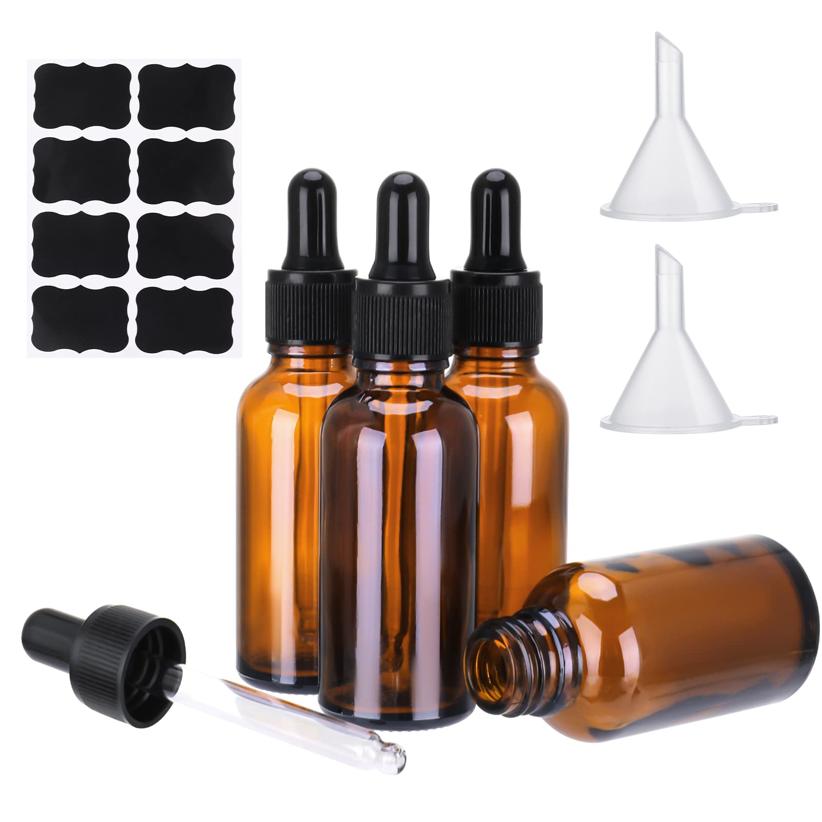 umorismo 4pcs Amber Glass Dropper Bottles 30ml, Glass Eye Dropper Bottle Pipette Dropper Bottle Serum Bottles with Dropper Pipette Funnels for Mixing Aromatherapy Oil Perfumes Liquids