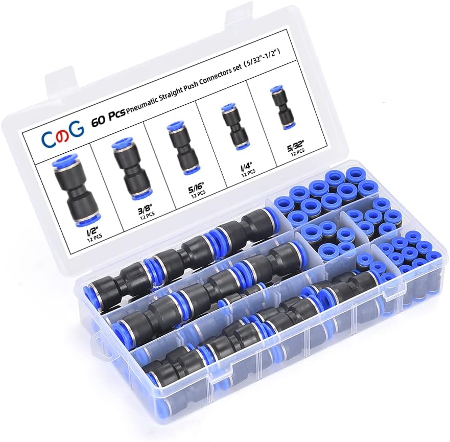 60Pcs Quick Connect Air Hose Fittings 5/32 1/4 5/16 3/8 1/2 inch Quick Release Pneumatic Push to Connect Fittings Kit Air Line Fittings for 5/32 1/4 5/16 3/8 1/2 inch Tube