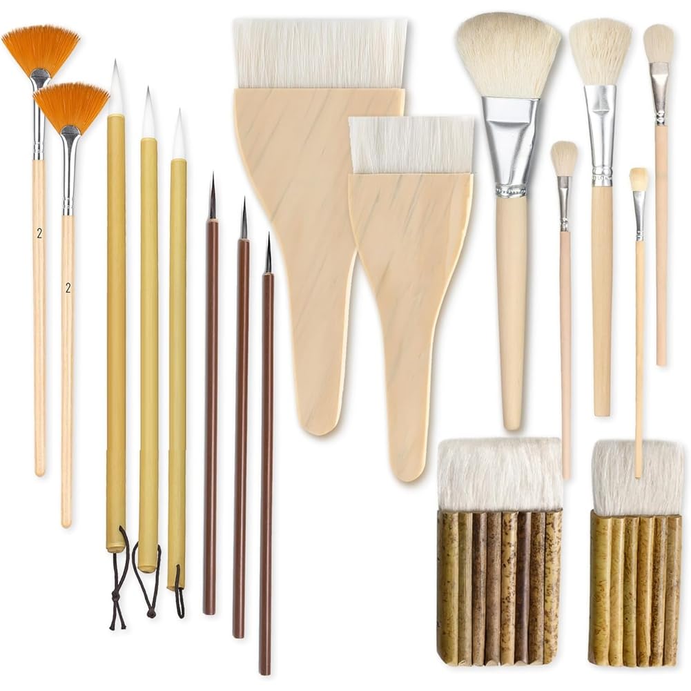 Onchdbfhuu Wooden for Pottery Glaze& Ceramic Painting Brush Set-17-Piece for Clay Art, Watercolor Painting
