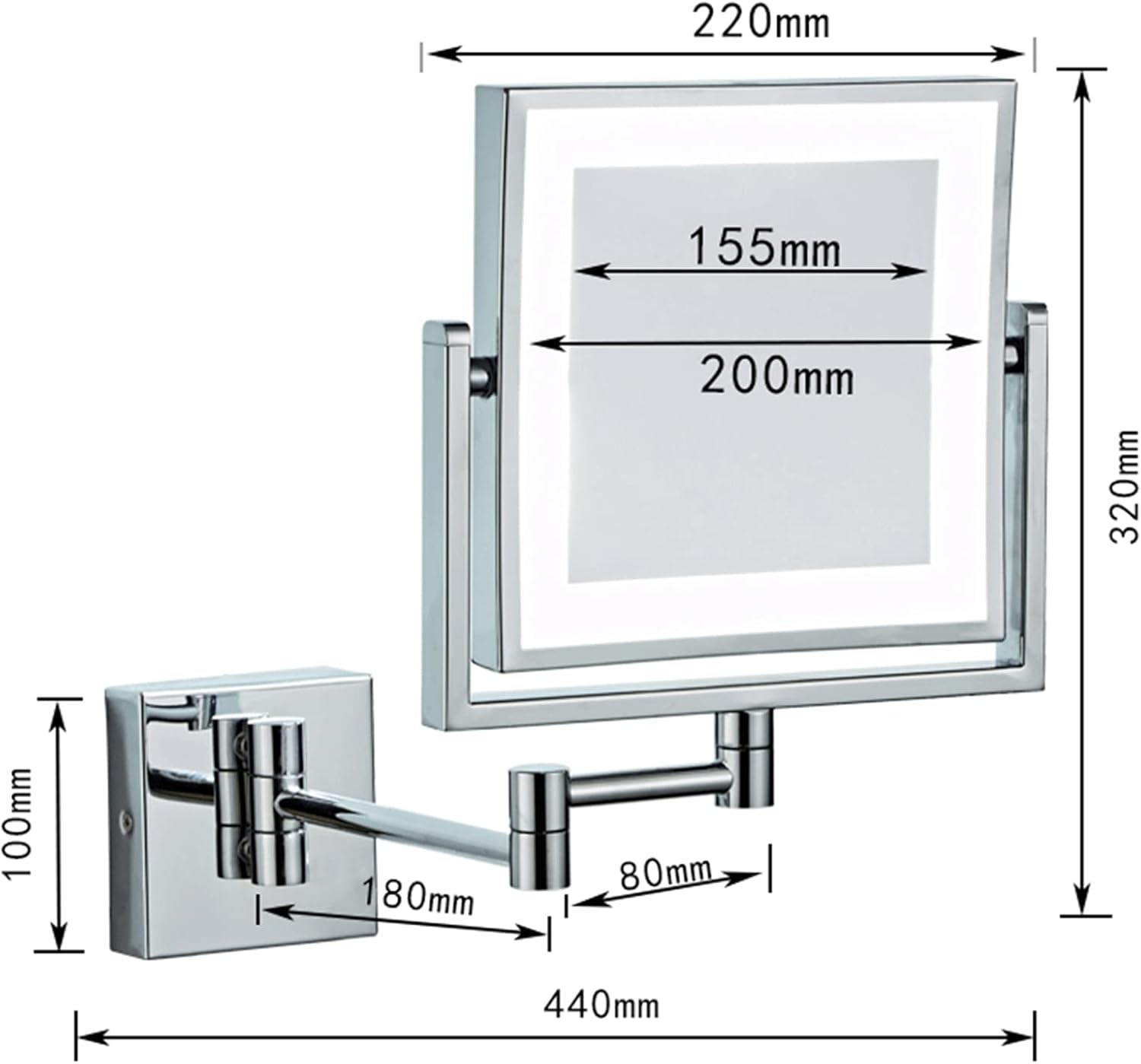 Touch Stepless Dimming LED Lighted Makeup Mirror, Square Wall Mounted Double Sided 1X/3X Magnifying Mirror Rotation Extension Bathroom Mirror,Silver,USB (Color : Black, Size : Hardwired)