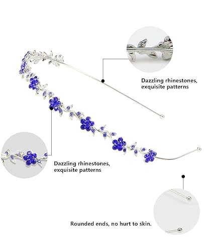 Miniatura 2 de Wecoe Diadema azul real con diamantes de imitación, diadema de flores para niña, diadema de metal de cristal para mujer, regalo de diadema de moda,