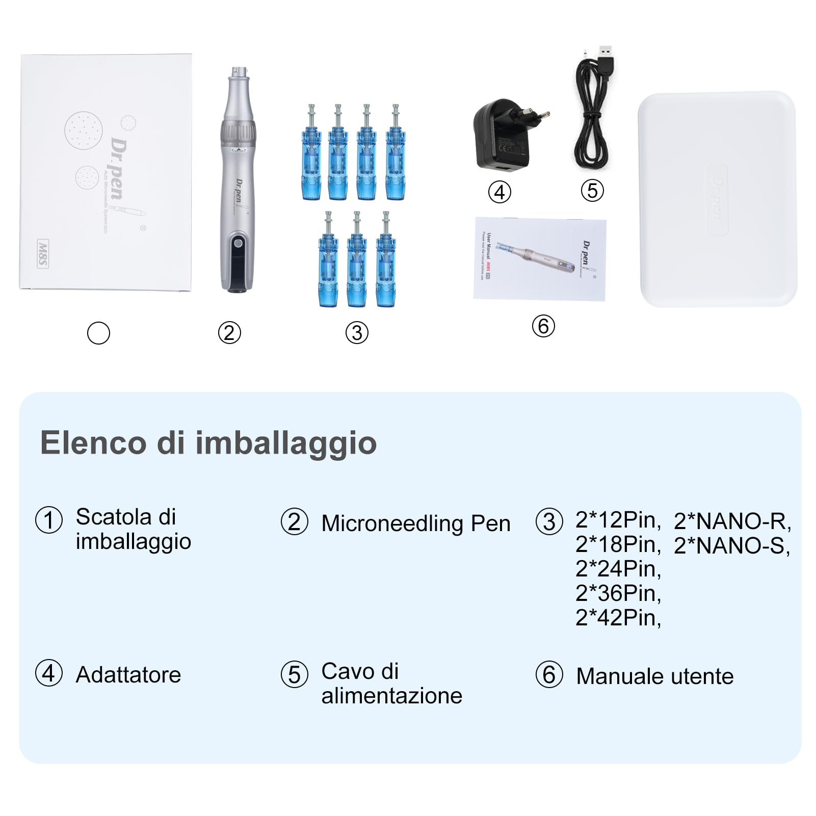 Dr pen Microneedling M8S Microneedling Pen con gamma completa di cartucce, somma 14 cartucce dr pen M8S, utilizzate per anti-invecchiamento, rassodamento della pelle, sbiancamento delle imperfezioni
