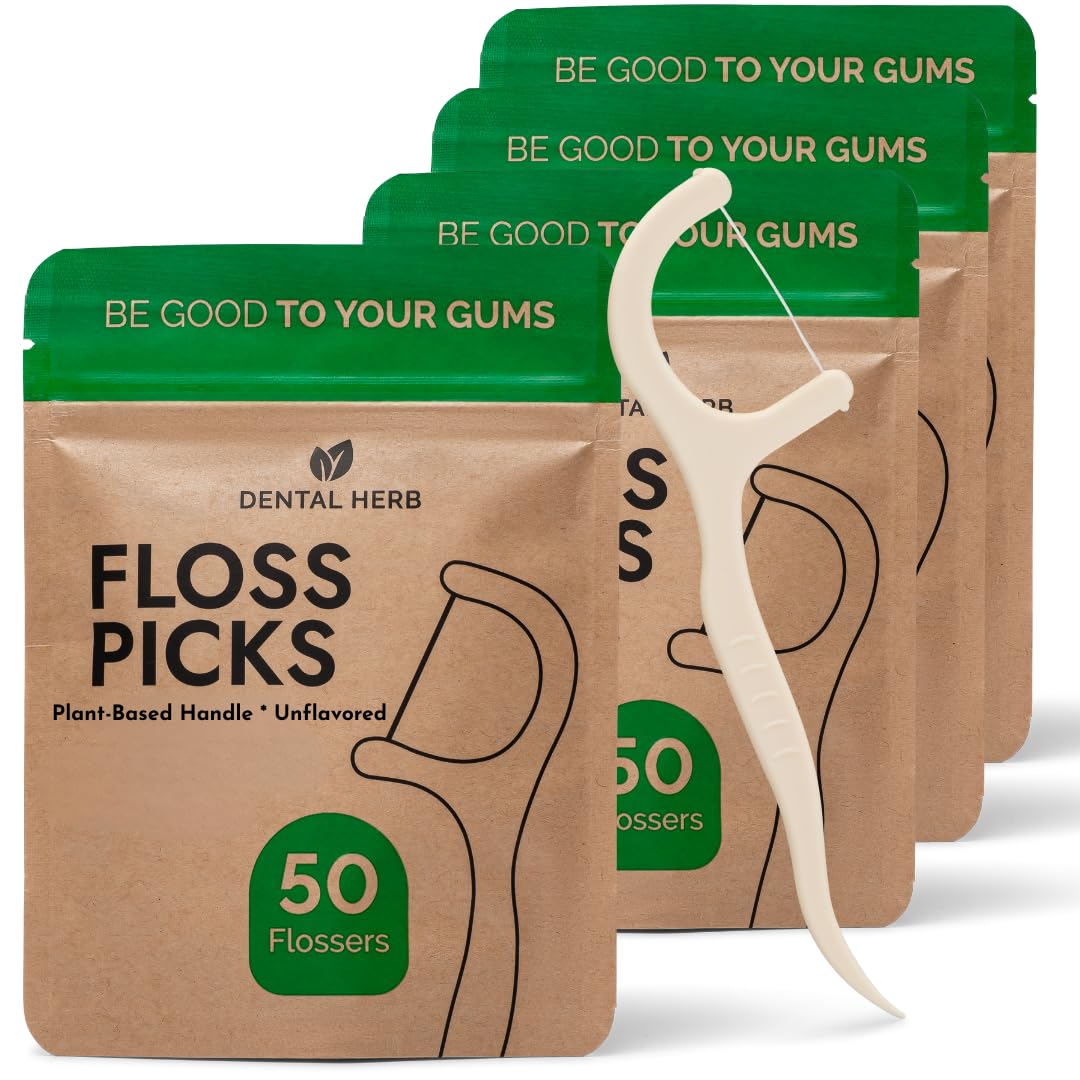Dental Herb Company Biodegradable Dental Floss Picks, 200 Count (4×50) - Unflavored, Plant-Based, Plastic-Free & BPA-Free Tooth Flossers, Vegan &