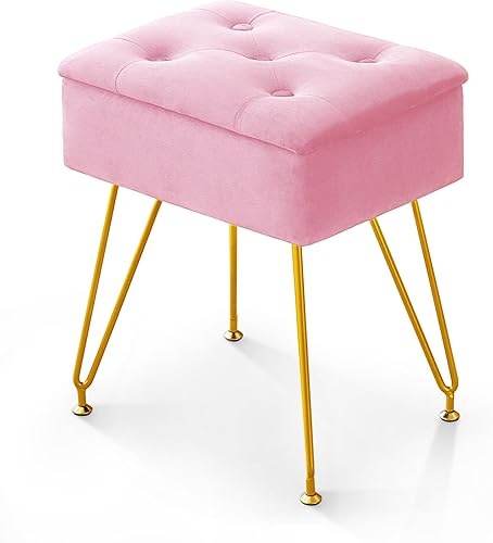 Miniatura 9 de Taburete de tocador con almacenamiento, silla cuadrada de terciopelo para maquillaje con patas de metal y pies dorados ajustables, reposapiés