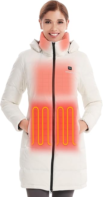 Venustas Womens Recycled Down Heated Jacket with Battery Pack, Winter Heated Puffer Coat with Detachable Hood
