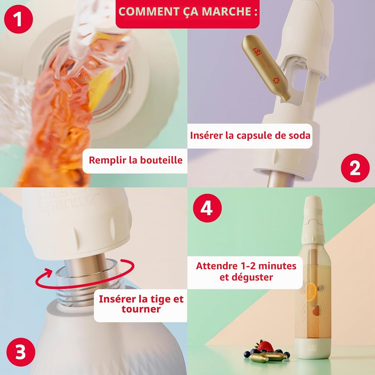 iSi Twist'n Sparkle Virtuoso Machine à gazéifier 0,95 l – Machine à soda pour eau pétillante, jus et cocktails – Machine à gazéifier et à soda avec housse en silicone antidérapante – Machine à eau