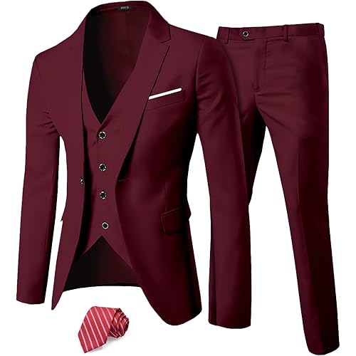 MY'S Men's 3 Piece Suit Set with Tie, One Button Slim Fit Solid Jacket Vest Pants, Prom Party Wedding Business Suits for Men