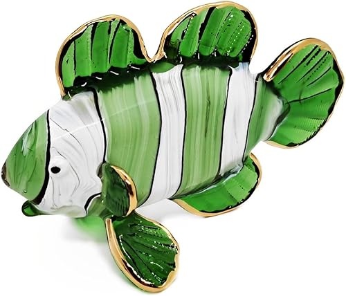 WitnyStore Pequeña figura de pez payaso verde y blanco de 4 pulgadas, miniatura soplado a mano, animales de cristal soplado a mano, colorido pez