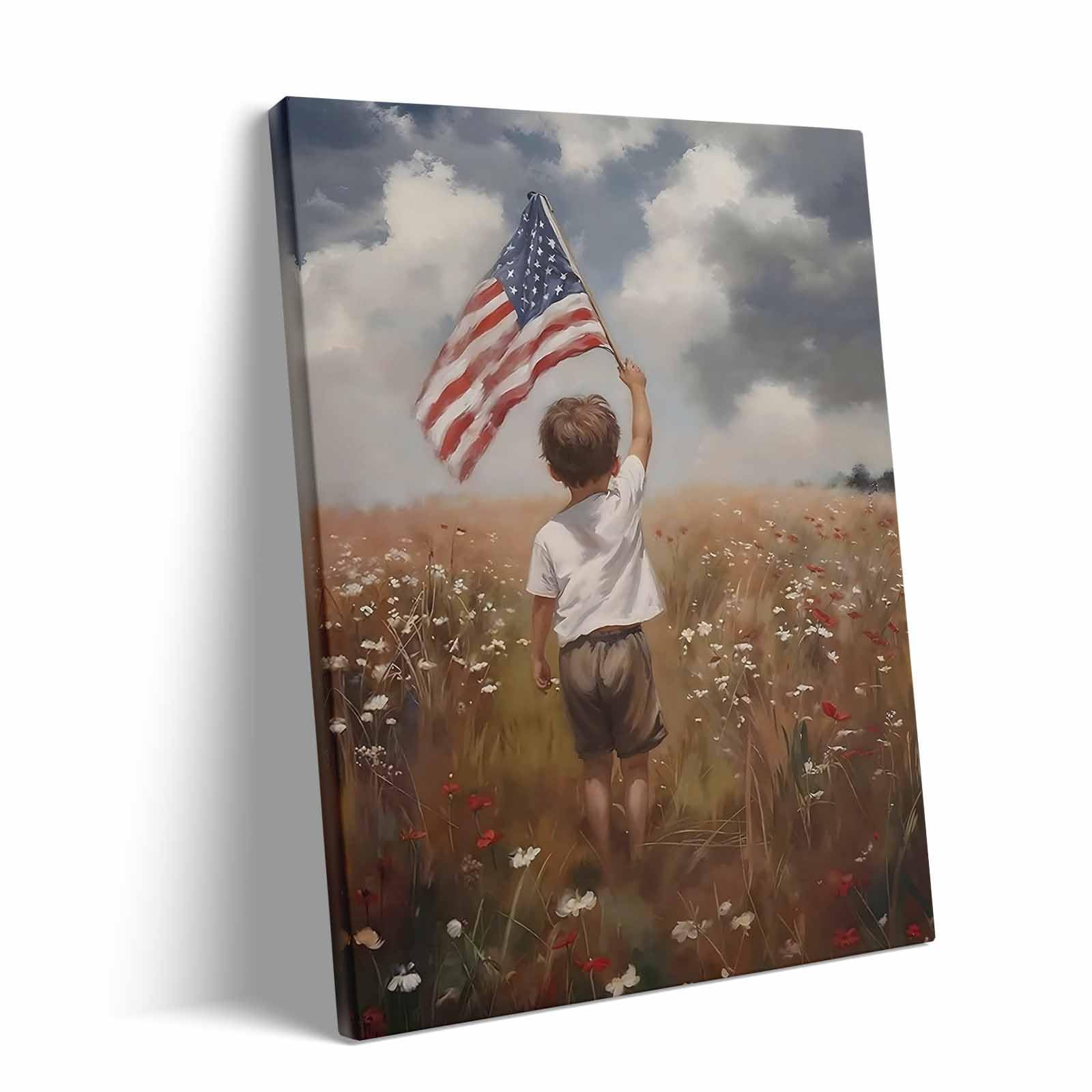 Sunwes Patriotic Memorial Day Wall Art, Little Boy Holding American Flag in Flower Field Print, Inspirational USA Independence Day Framed Poster Oil Painting for Family Room or Entryway 20x24inch