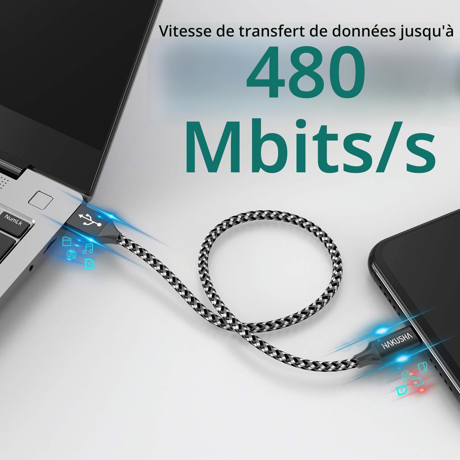 HAKUSHA Câble Micro USB, [2M] 3A Charge Rapide Câble Android Durable Câble de Chargeur de Téléphone Mobile en Nylon pour Samsung S7/S6/S5/J5/J7, Huawei, Nokia, Nexus, Sony, Tablette, PS4, Kindle