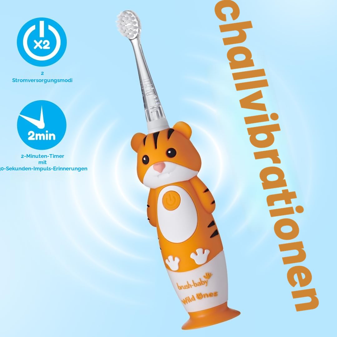 Brush-Baby – Wiederaufladbare Elektrische Kinderzahnbürste, 0–10 Jahre – WildOnes, Tiger-Design mit Blinklichtern – DeepClean-Borsten für Gründliche Reinigung – 2 Ersatzköpfe & 1 USB-Kabel