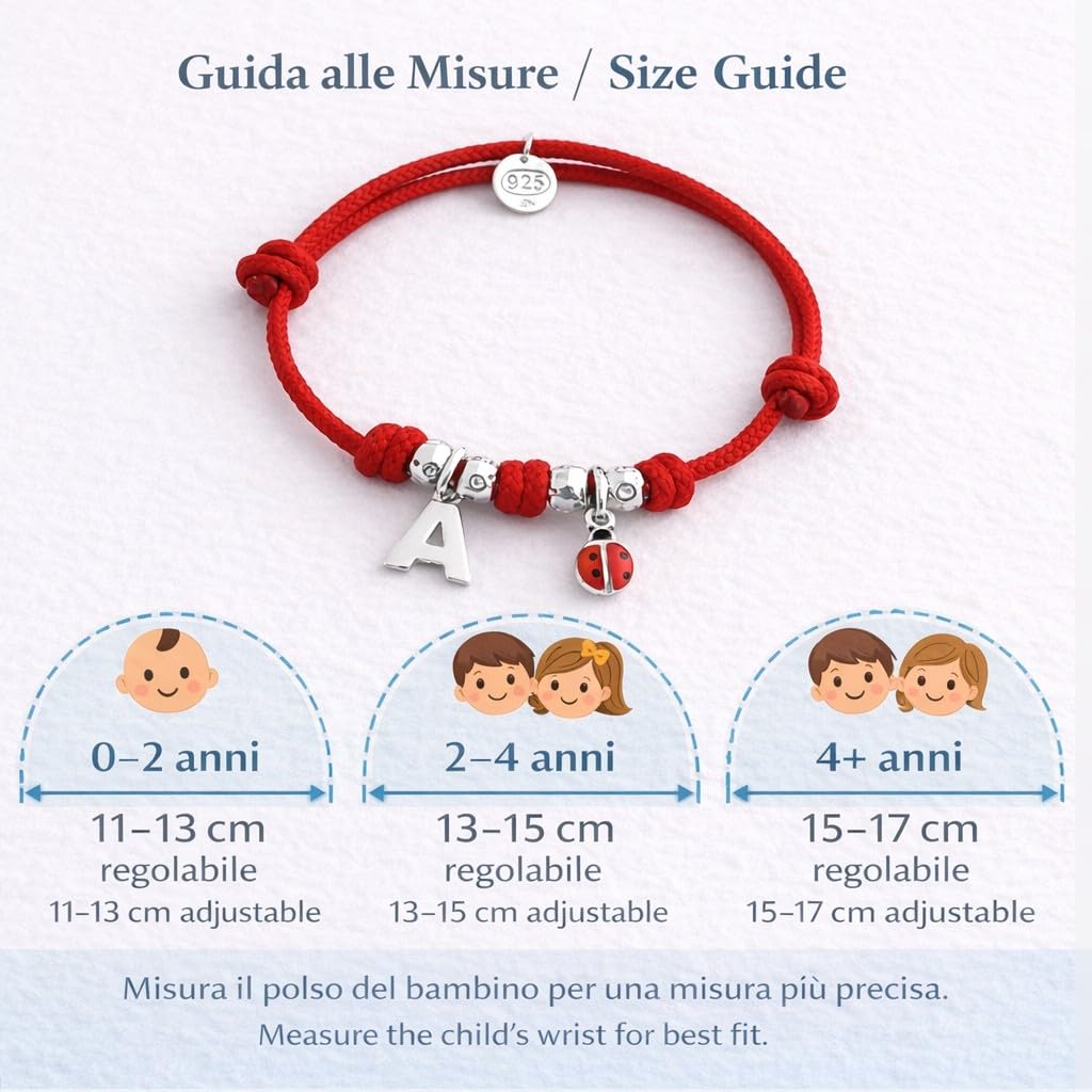 ViMon Braccialetto Portafortuna Bambino in Cordino Rosso Nautico con Coccinella Argento 925 e Iniziale Personalizzata – Regalo Compleanno, Prima Scuola, Onomastico – Fatto a Mano in Italia
