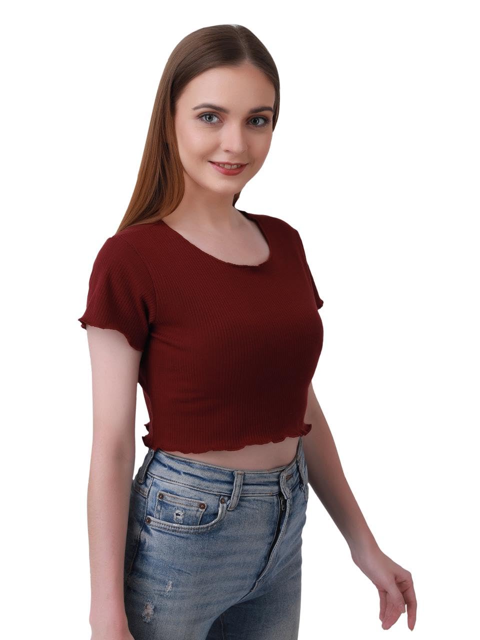 Women's Ribbed Crop Top for Women | Stretch Slim Fit Round Neck Short Sleeve T-Shirt | Casual Solid Maroon Crop Top for Summer, College-image-18