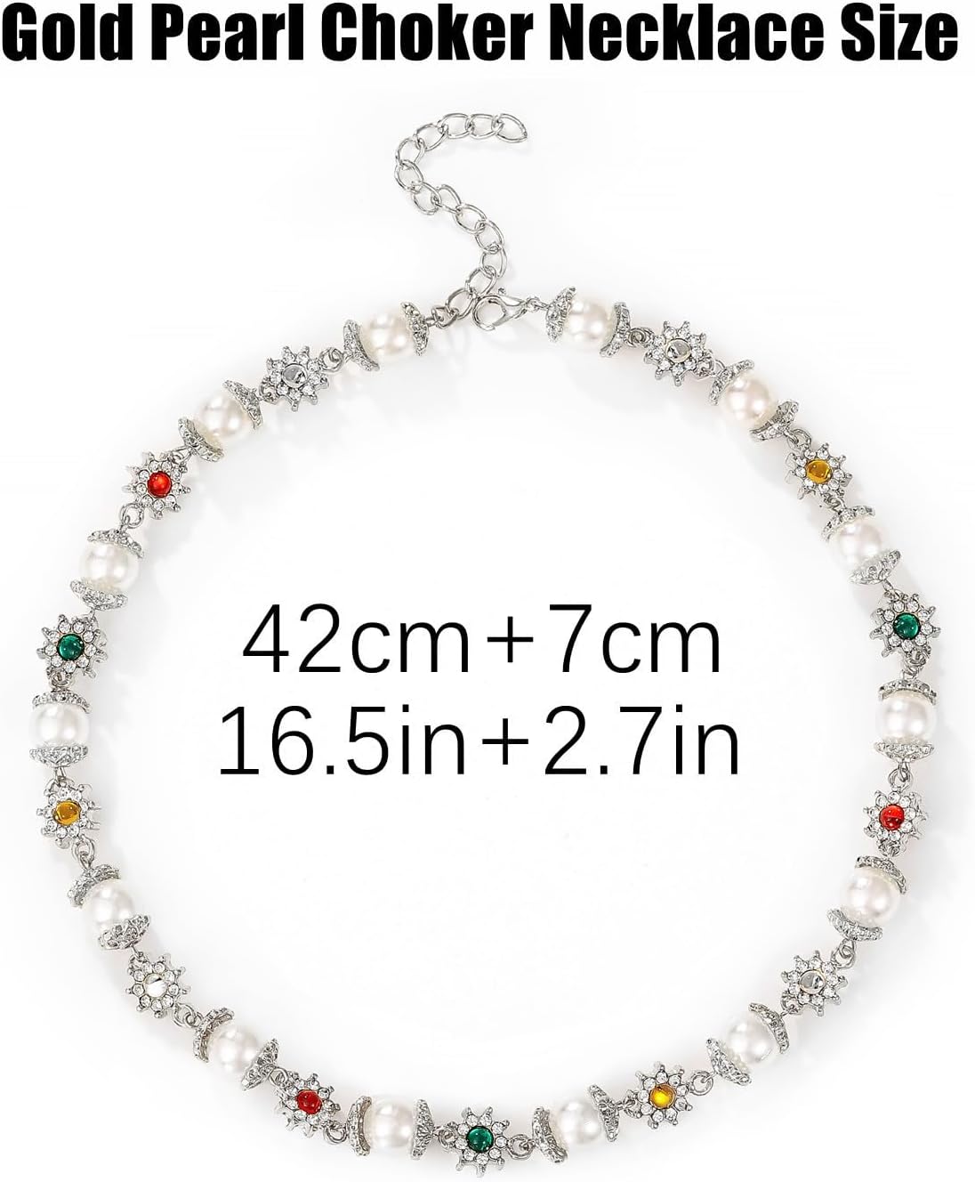 Gold Pearl Choker Necklace for Women Colorful Daisy Rhinestone Flower Chunky Statement Necklaces Fashion Jewelry Gift Accessories (silver) - Image 7