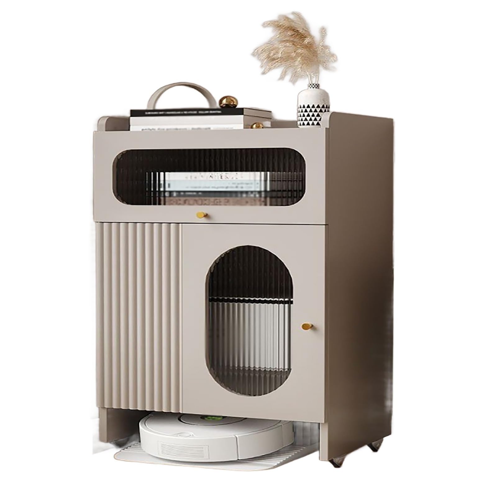 Aspirateur robot support de rangement meuble mobile blanc pour cacher les câbles et ranger la base