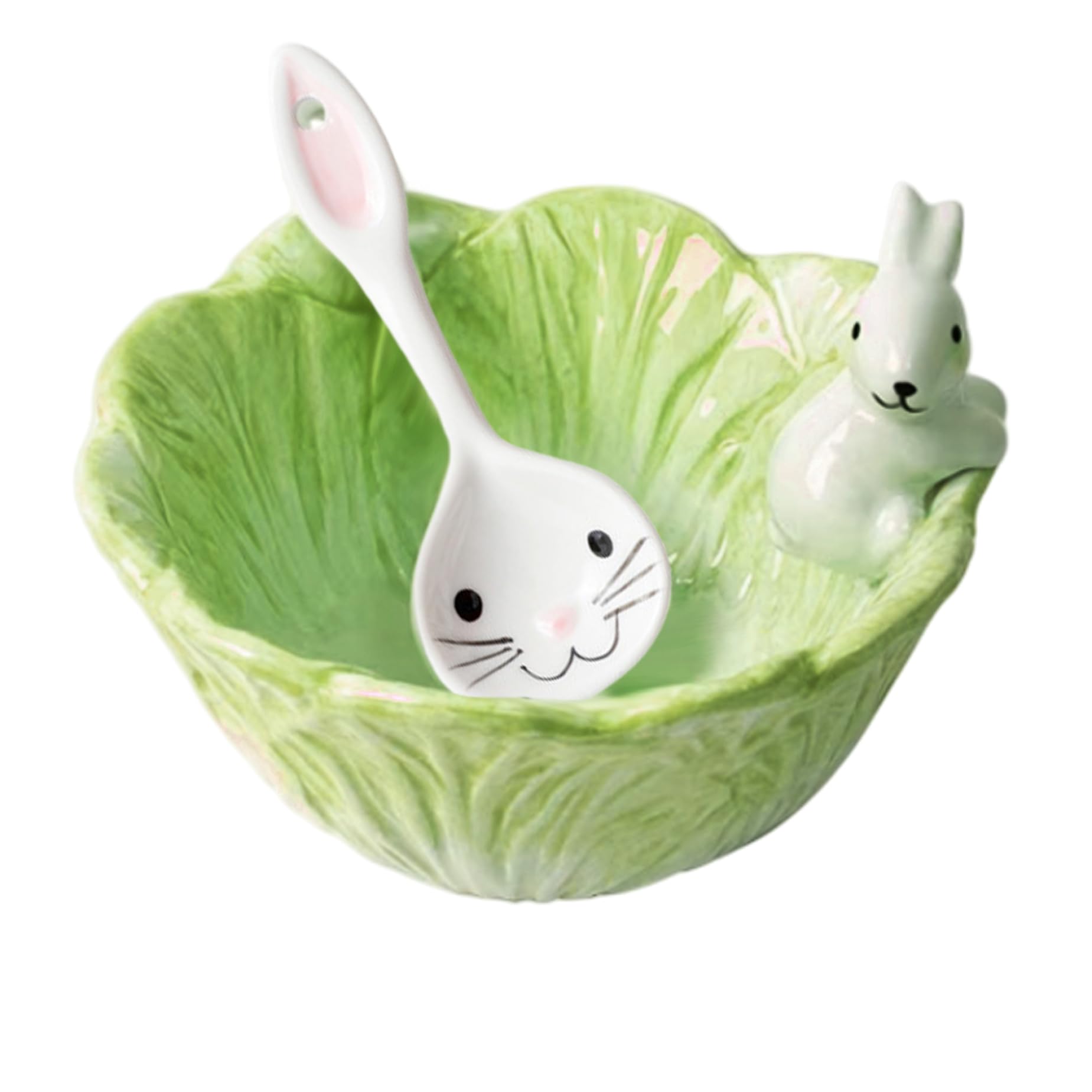 Vervevum Cabbage Plates, Cute Ceramic Bowl with Spoon, Bunny Bowl for Rice, Salad, Soup, Sauce, Cute Ceramic