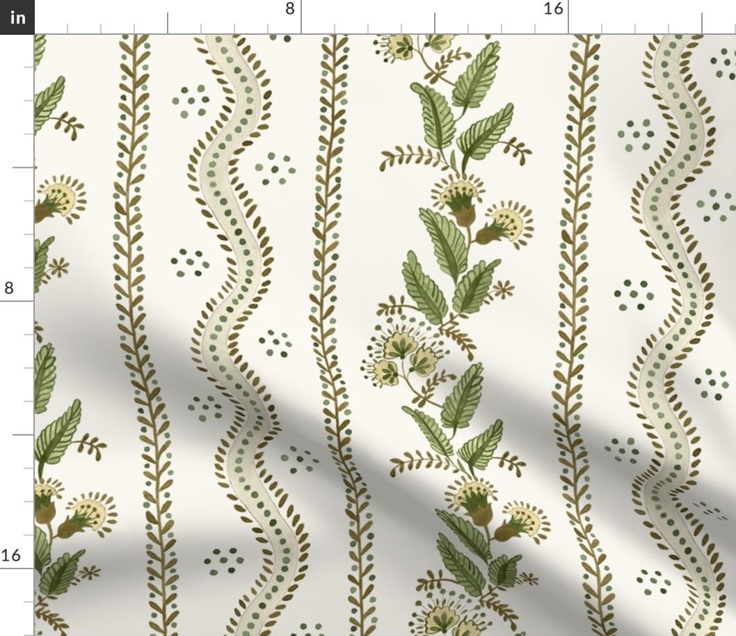 Spoonflower Fabric - Garden Stripe Neutral Vintage Floral Brown and Greens Olive Green Printed on Petal Cotton Fabric by The Yard - Sewing Quilting Apparel Crafts Decor