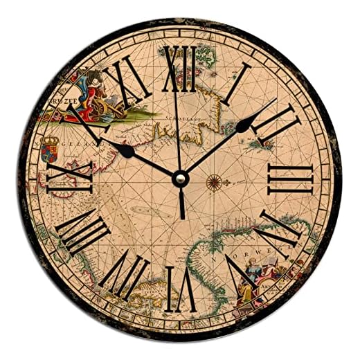 Wall Clock Vintage Style Old World Map Clocks Antique Retro Classic World Map Home Decorations Clocks Battery Operated Silent PVC Clock Rustic Wall Hanging Clock 12x12in