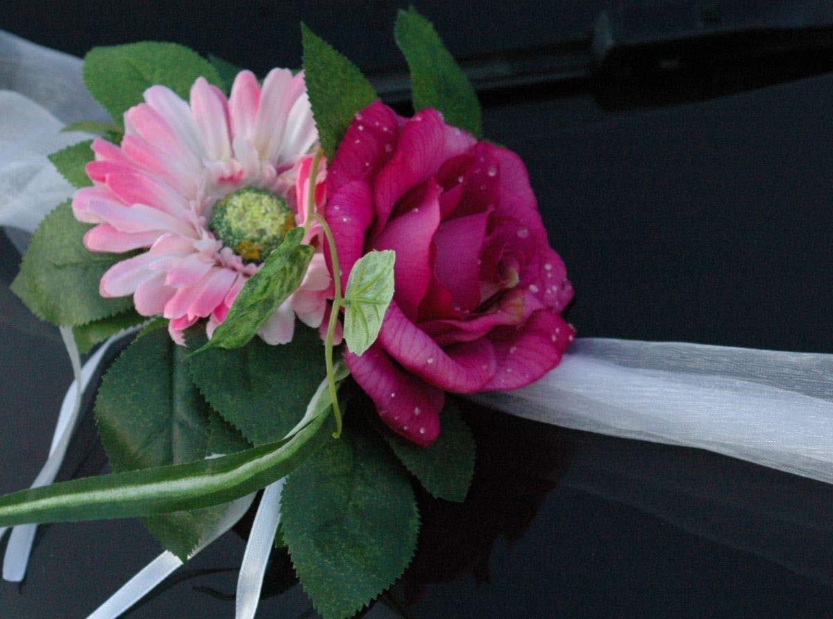 Autoschmuck Spitze STRAUß Auto Schmuck Braut Paar Rose Deko Dekoration Hochzeit Car Auto Wedding Deko PKW (SS GER Pink)