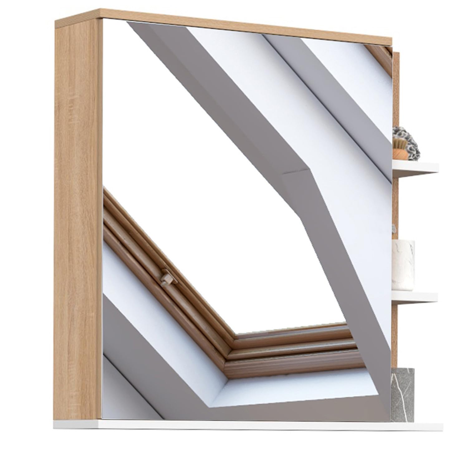 IDMarket - Meuble de Rangement Suspendu avec Miroir et étagères pour Salle de Bain TOMI façon hêtre et Blanc