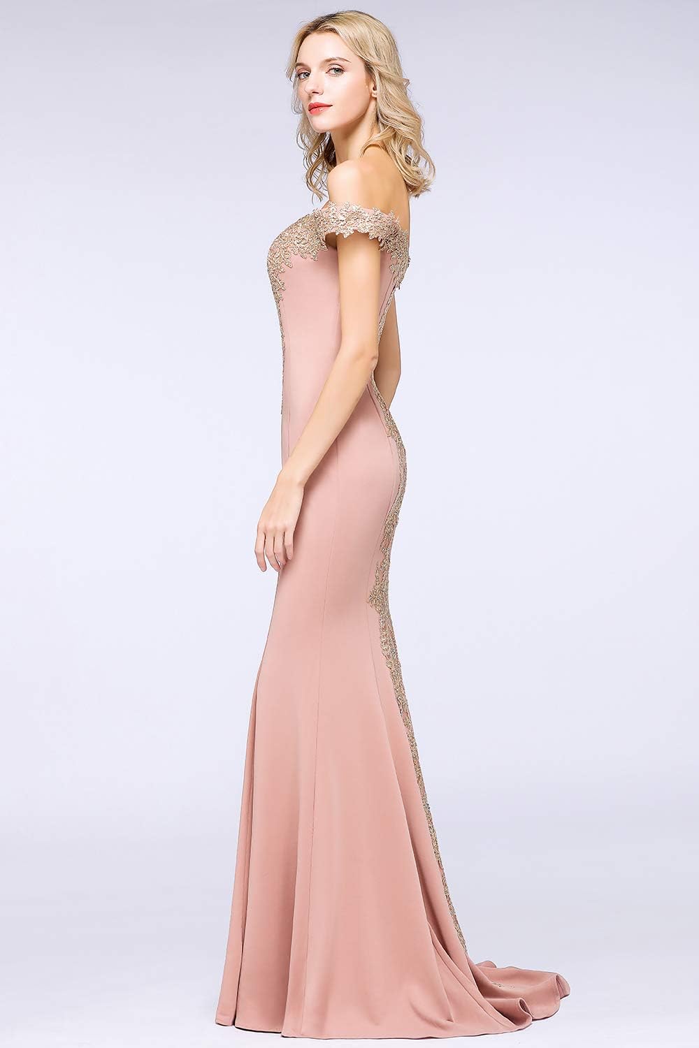 MisShow Long Gold Lace Applique Mermaid Prom Dress Off Shoulder Formal Evening Gowns