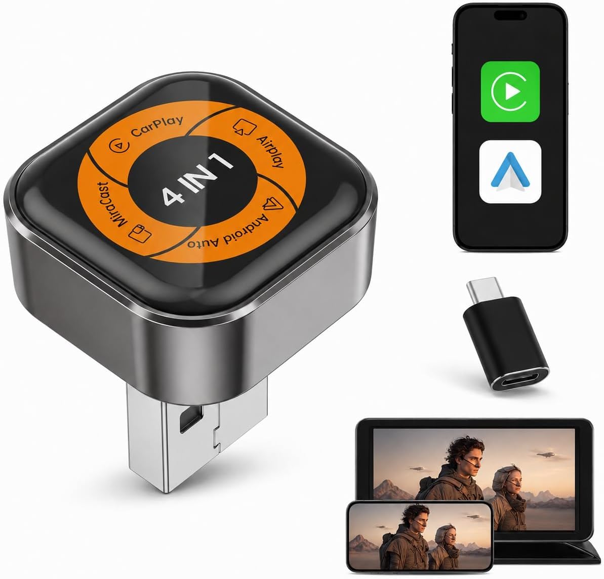 4-in-1 Wireless CarPlay Adapter für Apple CarPlay & Android Auto, AirPlay & MirrorLink Bildschirmspiegelung, Wired zu Wireless Car Play Adapter, 5.8GHz WiFi Bluetooth 5.4, Plug & Play, USB-A/C，Orange
