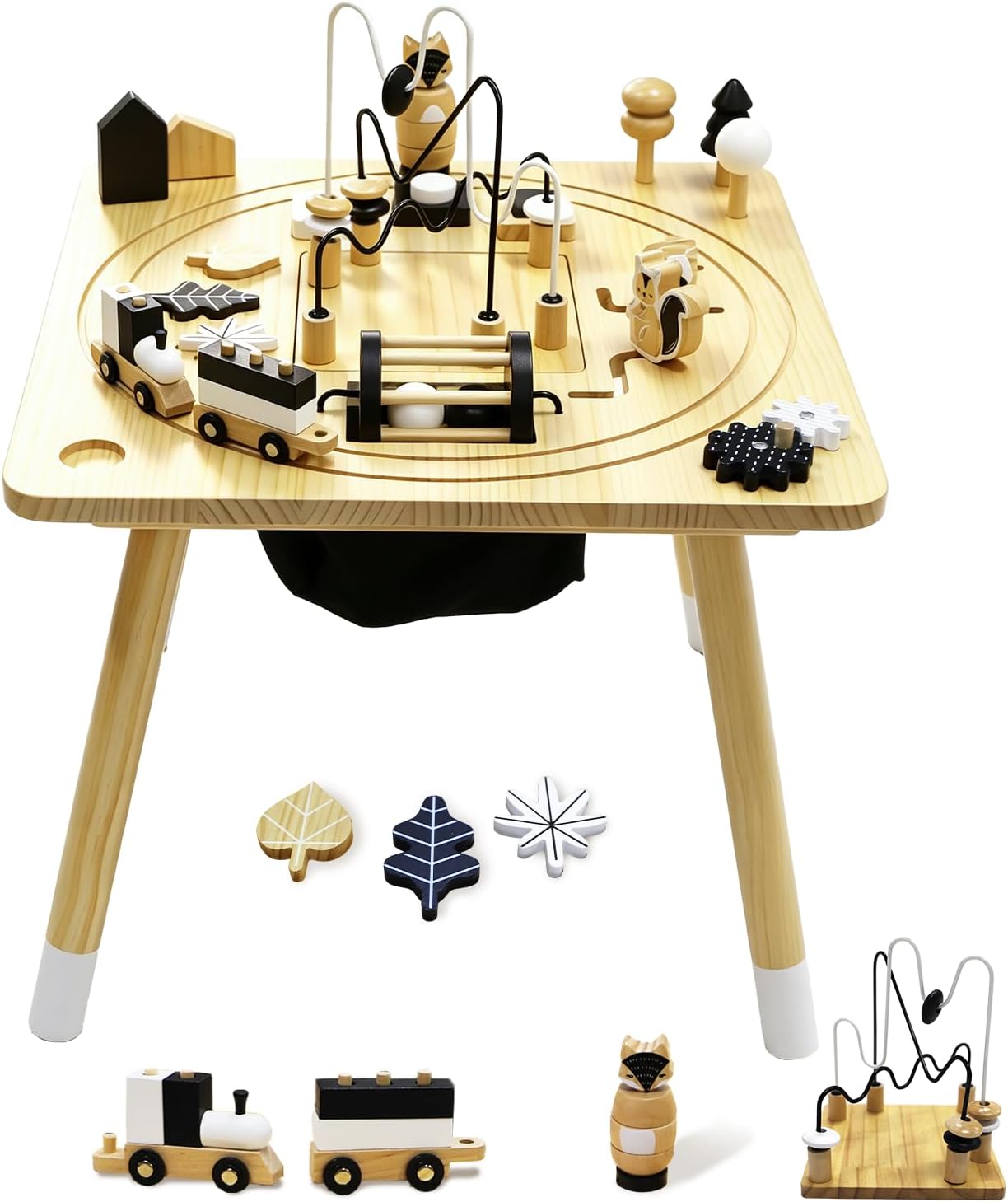 Wooden Montessori Activity Table for Toddlers 1-3, Kids Play Sensory Table, Activity Center with Bead Maze, Shape Sorter, Train Track, Educational Learning Toys for Girls Boys