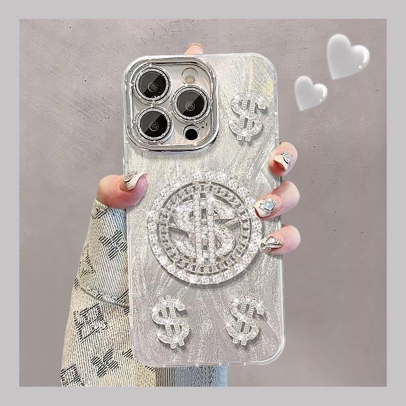 Image of COVERLY Cute 3D Dollar Rotation Spinner Case,Full Protective Case Kawaii Adorable Lens Glitter Diamond Silver Dream Casino Money Case Soft Silicone Fashion Aesthetic Cover for Apple iPhone 15