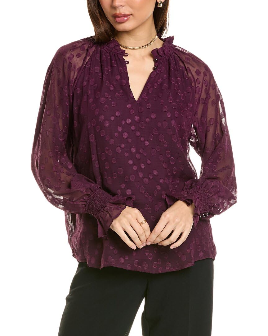 Anne Klein Women's Plus Size LS Ruffle Neck Blouse W Bttn and Smocked, DEEP Plum