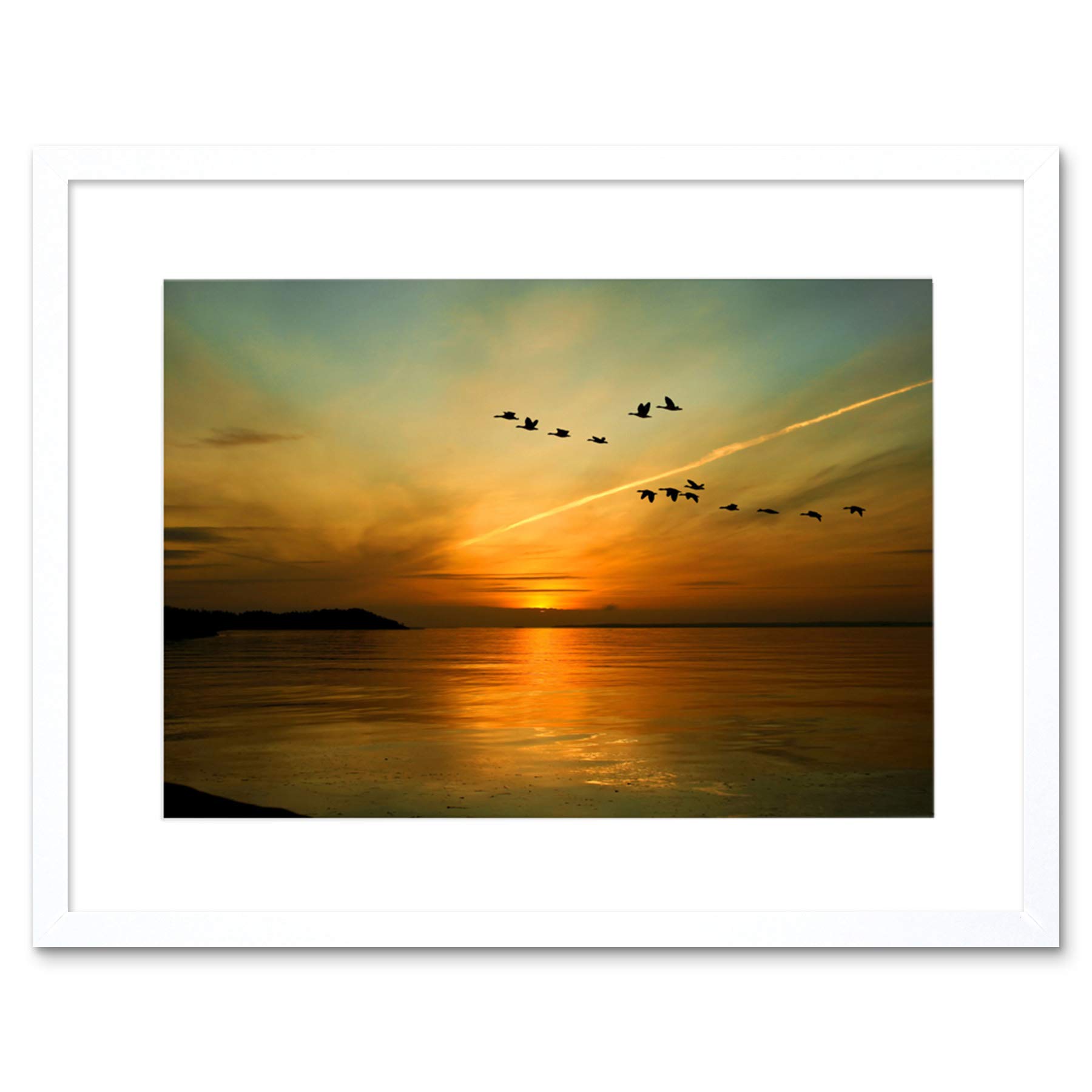 Wee Blue Coo Geese Bird Formation Sunset Lake Art Picture Framed Wall Art Print