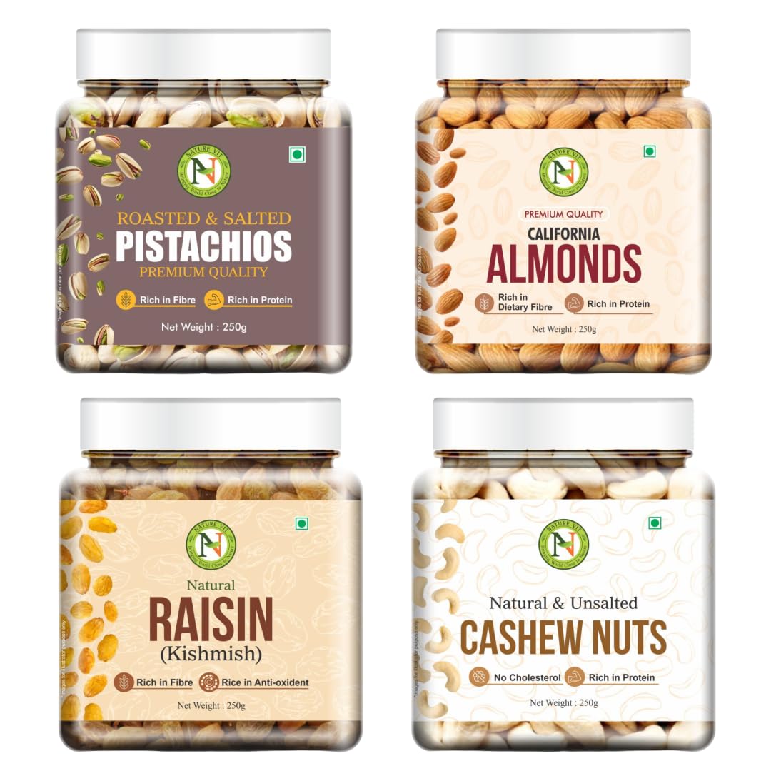 Nature Vit Dry Fruits Combo Pack, 1 Kg | Almond, Cashew, Raisins, Roasted Pistachio (250gm * 4) | Tasty, Fresh & Healthy | High in Protein