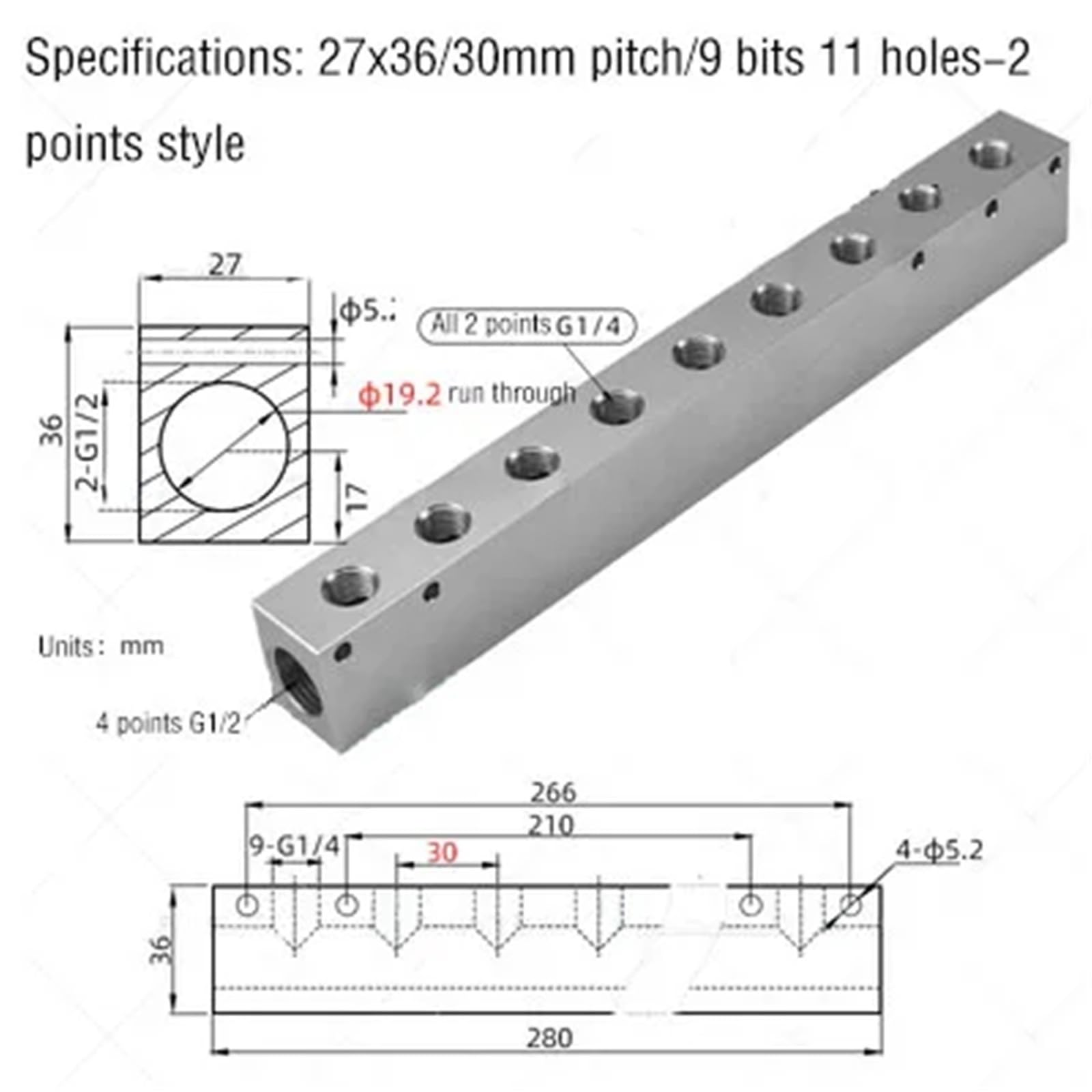 Distribuidor De Colector De Aire De 1/2"1/4" 2 3 4 5 6 7 8 9 Conector De Enchufe Rápido Neumático De 10 Vías Manguera Bloque De Aluminio Splitter-1Pcs(9 Way 11 Port(4to2))