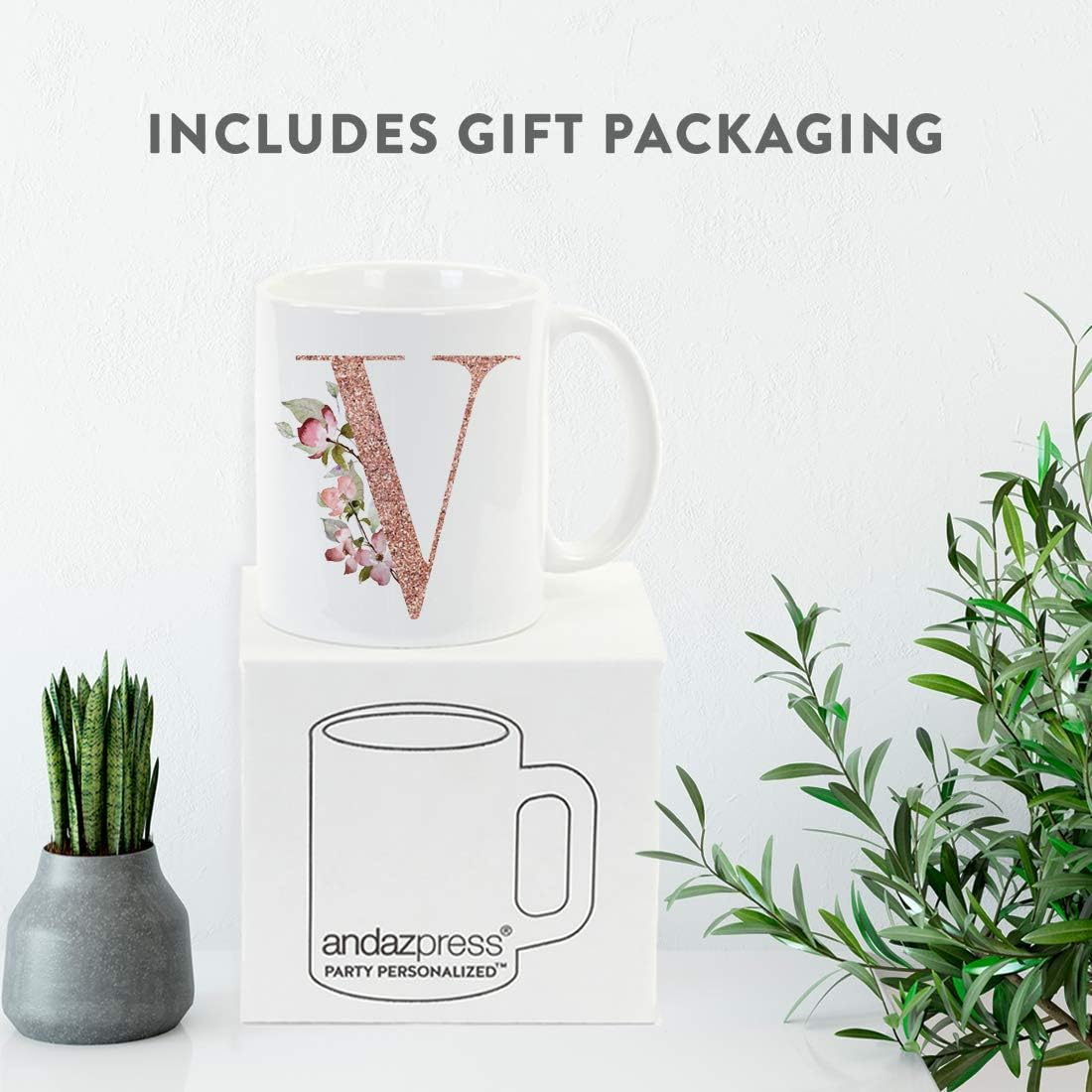 Andaz Press 11oz. Coffee Mug Gift, Pink Watercolor Roses with Faux Rose Gold Glitter Monogram Letter V, 1-Pack, Includes Gift Box, Christmas Birthday Mother's Day Graduation Coworker Present Ideas