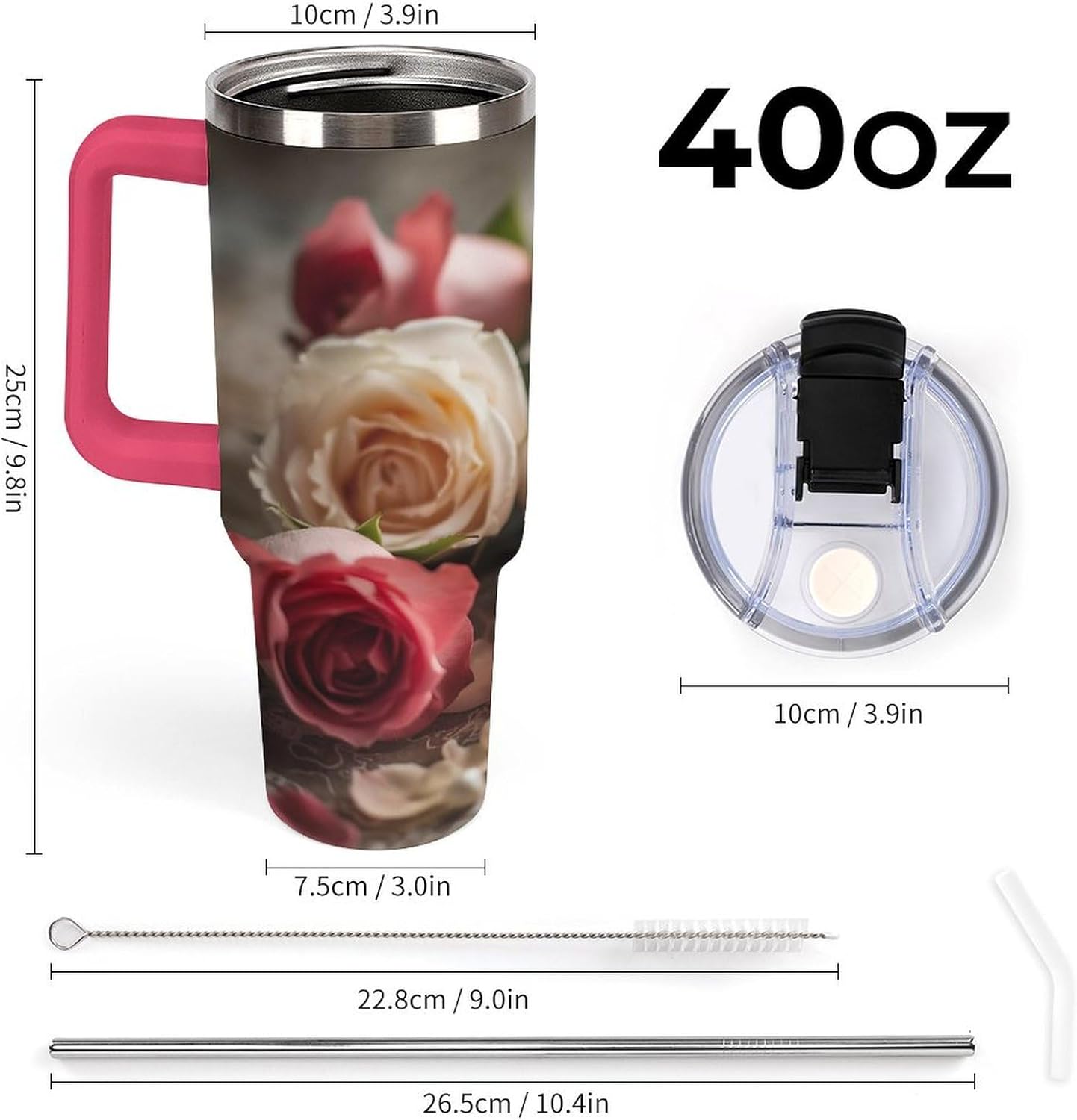 40oz Large Capacity Heart Shape And Rose Print Car Cup Holder - Spill-Proof,Insulated Travel Mug for Car,Fits Most Vehicle Cup Holders,Big Water Bottle for Road Trips, Commuting,and Outdoor Adventures