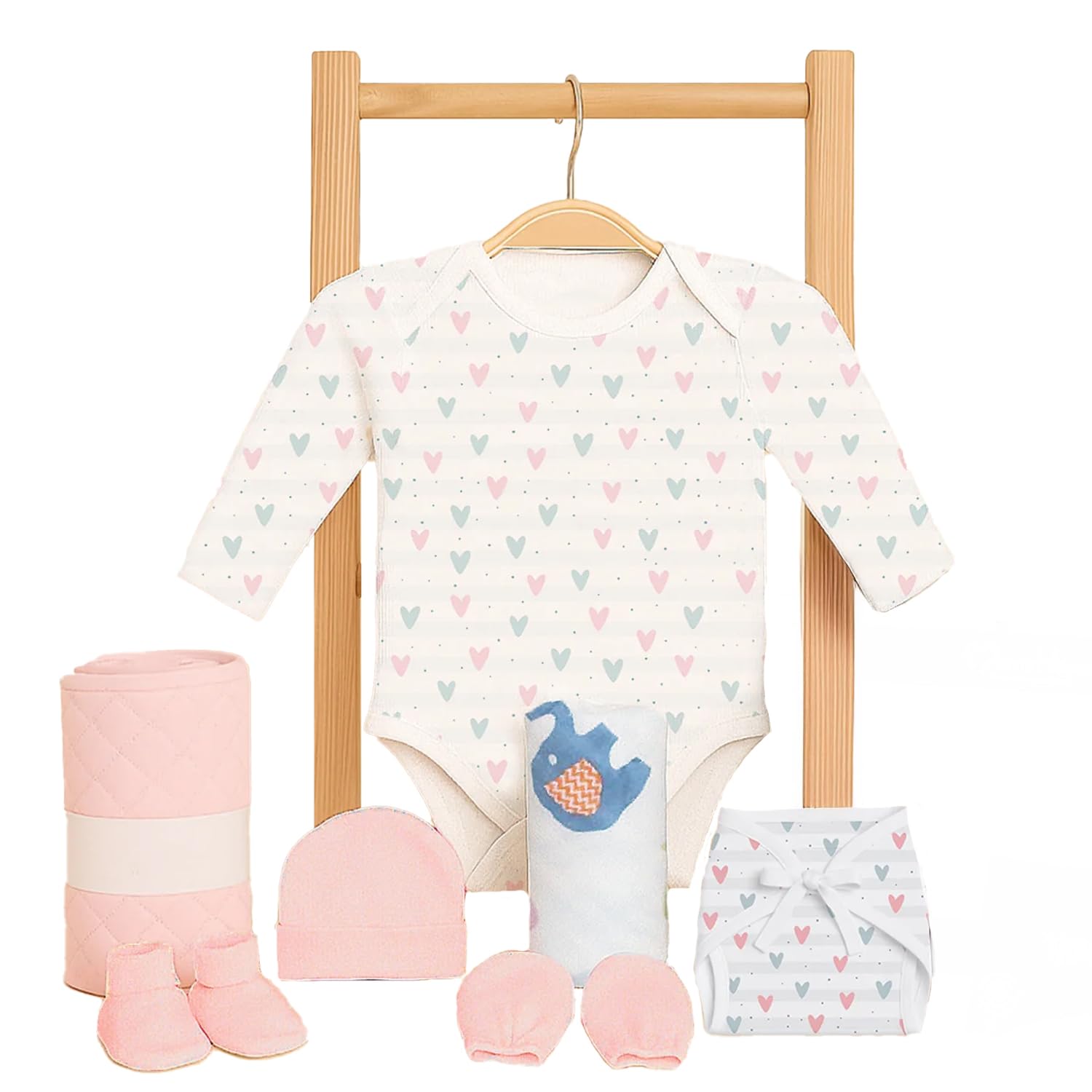 Organic Cotton New Born Baby Essentials Gift Set | Baby Shower Gift Hamper | Baby Clothing Gift Combo | Little Hearts | Pack of 7