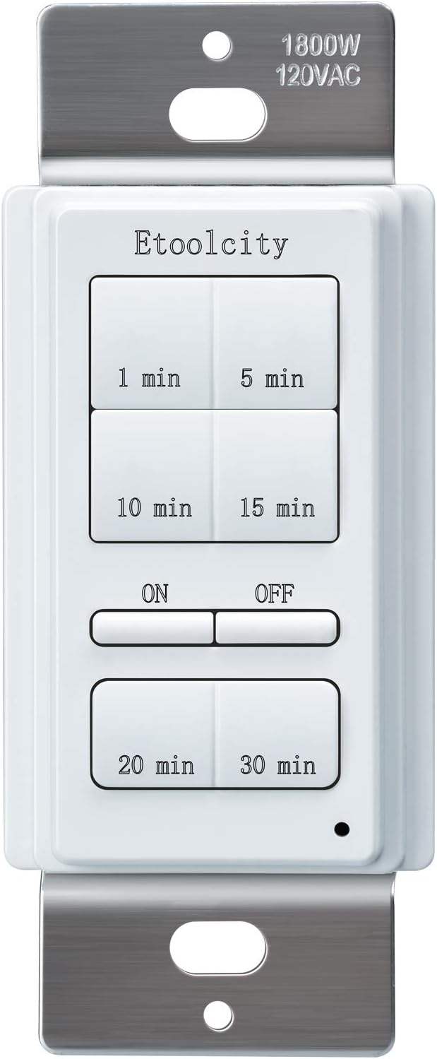 Countdown Timer Switch, Etoolcity Bathroor Fan Timer with 1โ30 Min Presets, Neutral Wire Required, 1800W, Automatic Shut-Off for Bathroom Exhaust Fan, White