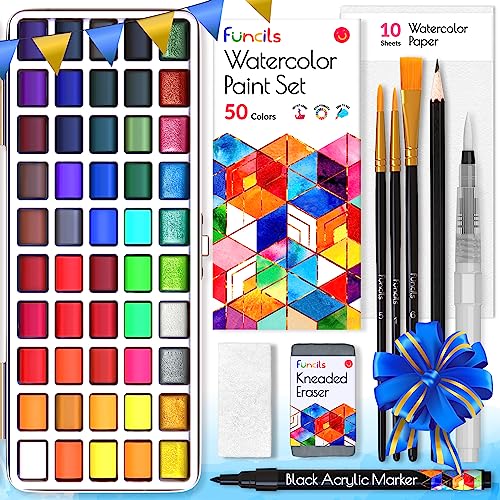 Funcils Set de Acuarelas Profesionales - 50 Kit de Acuarelas para Niños - Pintura de Acuarela Para Niños - Caja de Acuarelas Para Viaje - Versátil, Vibrante Y Portátil (50 Colores)