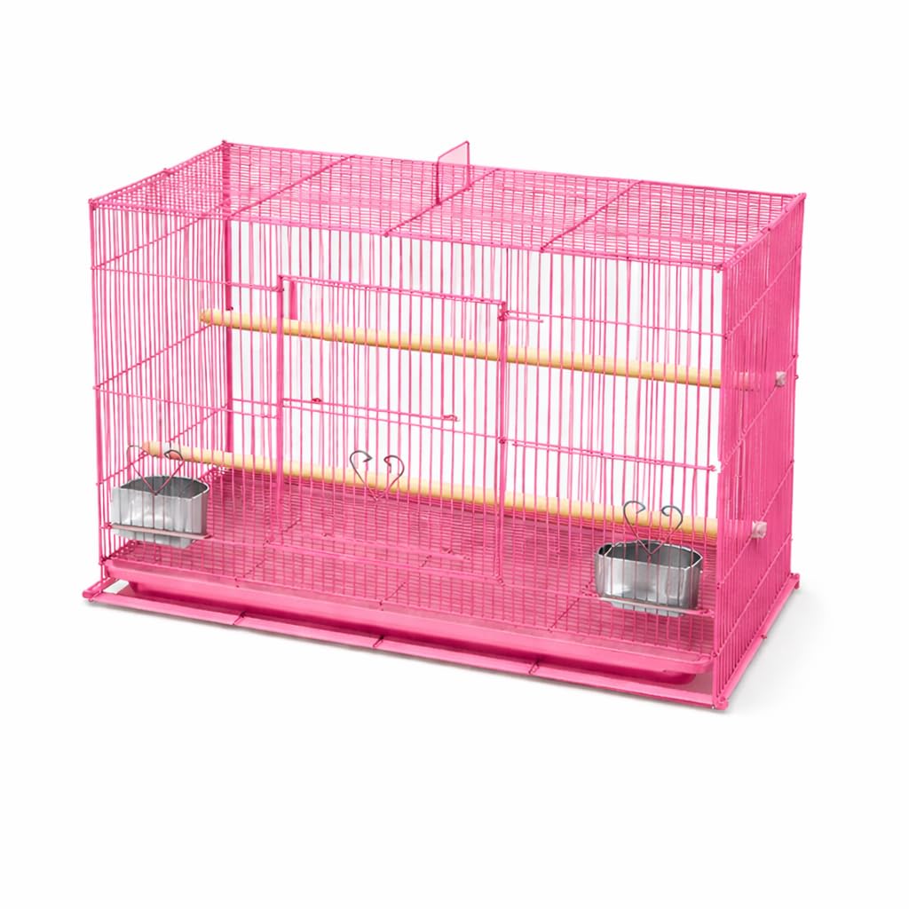Bird Cage, Crate for Rabbit, Parrots and Small Pets with Sliding Tray, 2 Feeding Cup & 2 Perch with Secure Lock (15 Inches, Pink) Metal