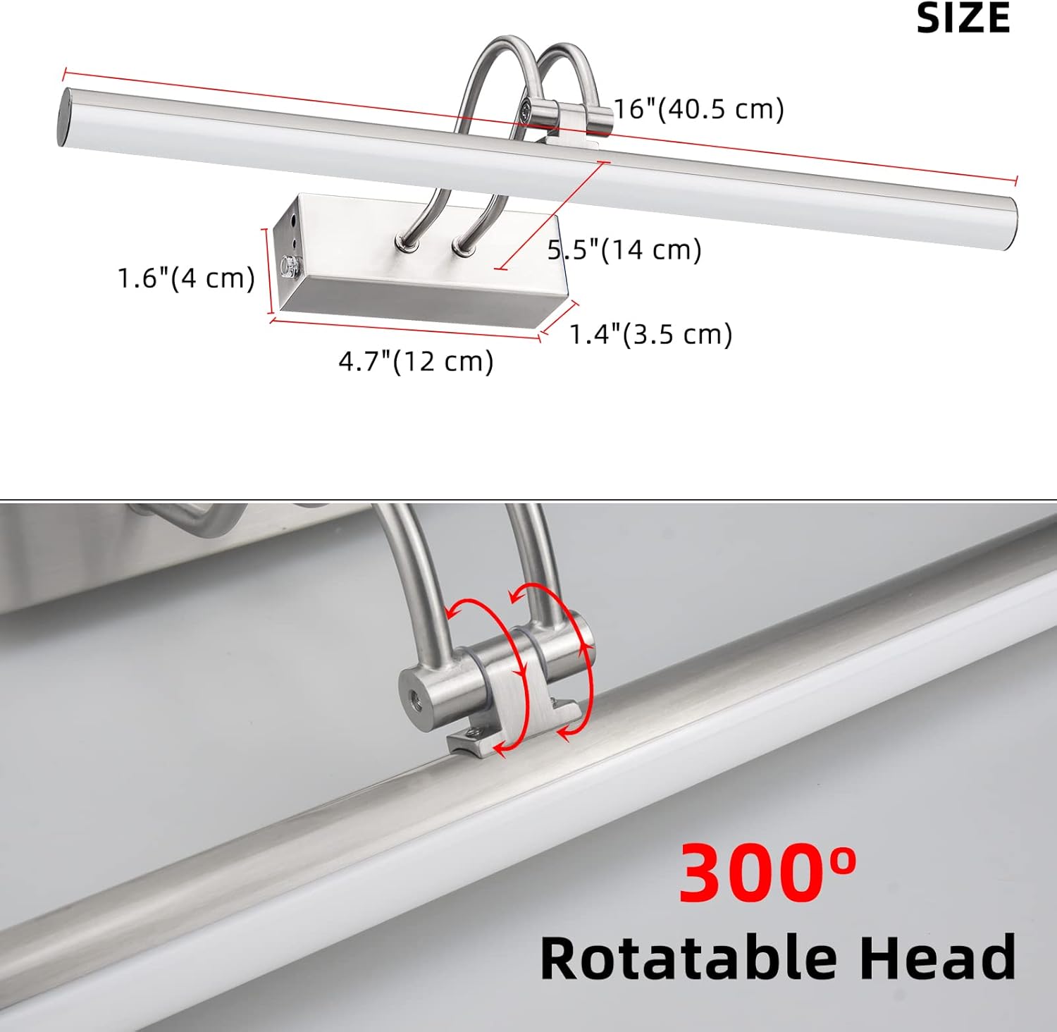 Image illustrating the 300-degree rotatable head of the picture light, showing its adjustable movement.
