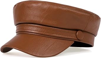 Women PU Leather Newsboy Cap Vintage Military Flat Top Beret Style Hat