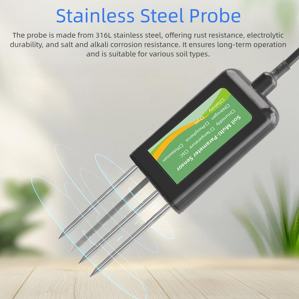 Probador de suelo USB con detección multiparámetro 8 en 1 para NPK pH humedad temperatura salinidad conductividad, sonda de acero inoxidable impermeable IP68