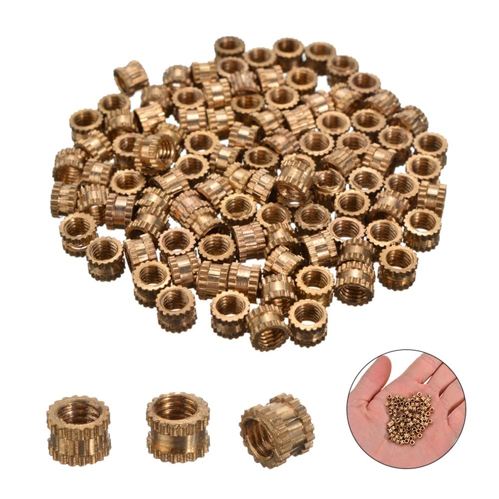 Thread Inserts, 100Pcs M3 Threaded Round Metal Knurl Thread Insert Nuts 3mm Height 4.2mm Diameter Brass Tone