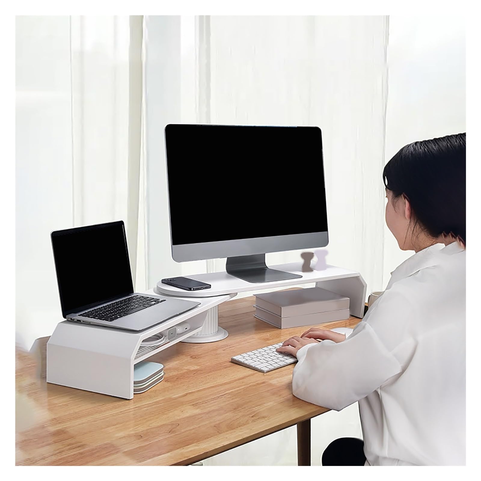 Podstawka Pod Monitor, Obrotowy Podwyższacz Biurkowy na Dwa Ekrany z Szufladą do Przechowywania, Regulowana Półka na Monitory, do Biura i Domu(White)