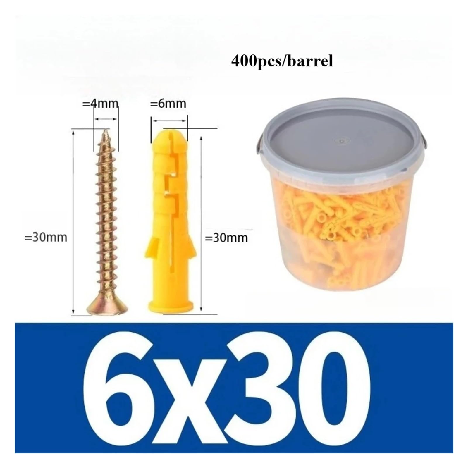 Tornillos de expansión de plástico Tornillos de pared M6x30/M8x40, tacos de anclaje con tornillo de expansión de plástico acanalado autorroscante, pequeño, amarillo(M6x30)